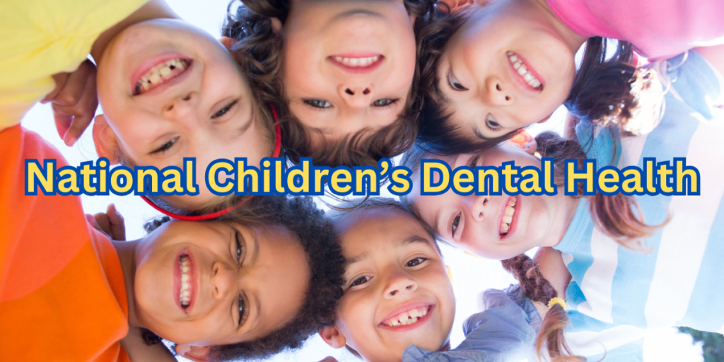 Children smiling brightly, promoting the importance of dental health during National Children's Dental Health Month.